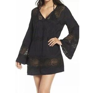 La Blanca dress cover up bell sleeve crochet open knit style black women sz S